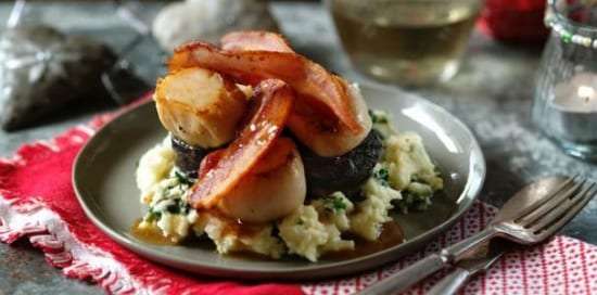 Clonakilty Blackpudding and scallops with bacon and colcannon