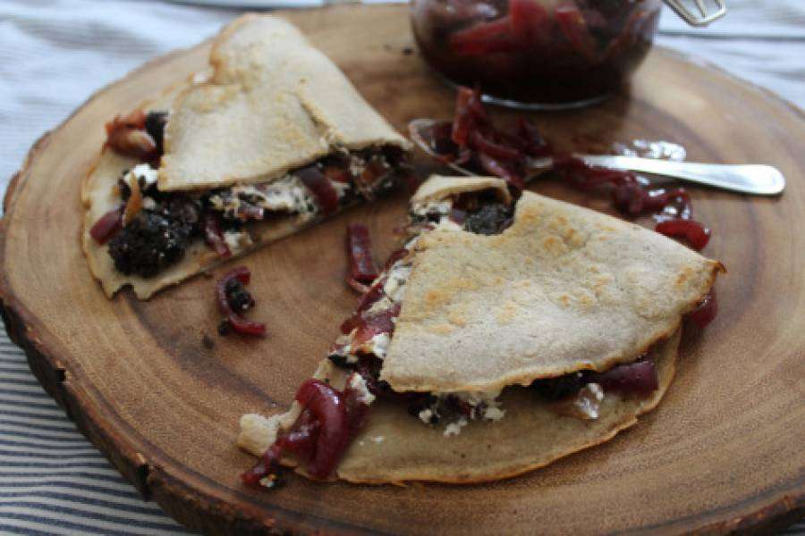 Clonakilty Blackpudding, goats cheese and caramelised onion savoury crepe