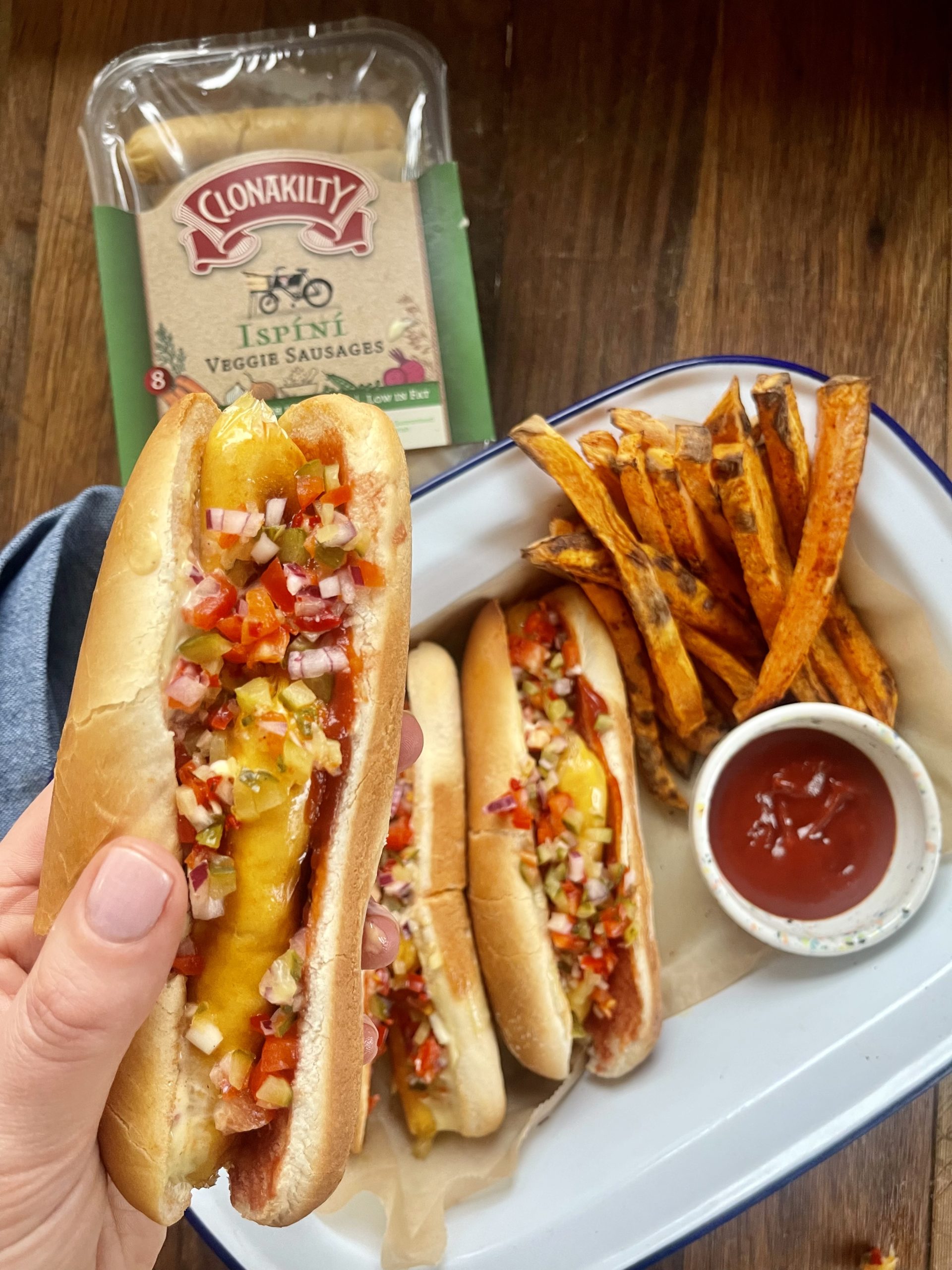 Fully Loaded Veggie Hot Dogs with Sweet Potato Fries